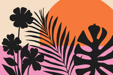 Abstract trendy background with tropical leaves, monstera palm, leaf and flowers silhouette. Minimalistic exotic aesthetic design