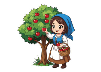 Adorable young medieval European peasant girl happily picking juicy red apples from a tree and putting them in her wicker basket - isolated white background cartoon illustration
