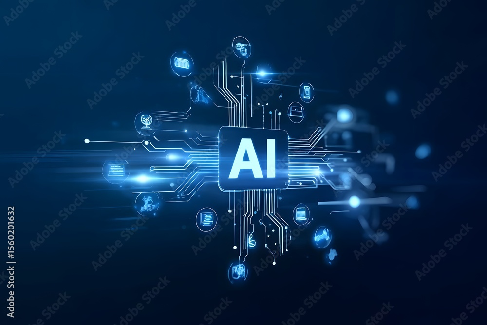 Poster a hand holding an ai icon with the text ai and tech symbols in blue on a dark background, symbolizin