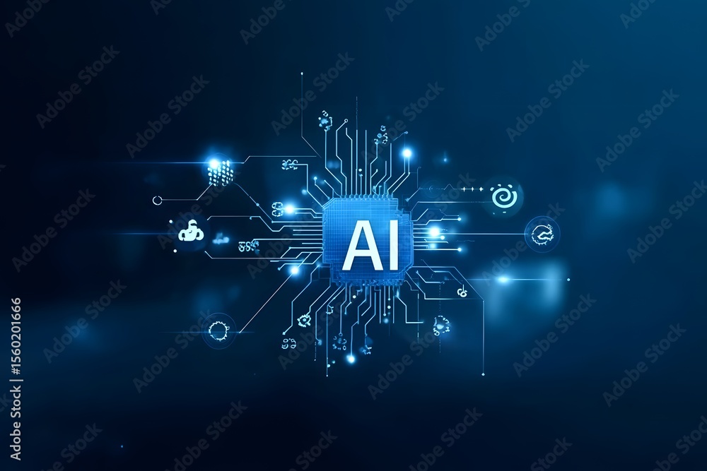 Poster a hand holding an ai icon with the text ai and tech symbols in blue on a dark background, symbolizin
