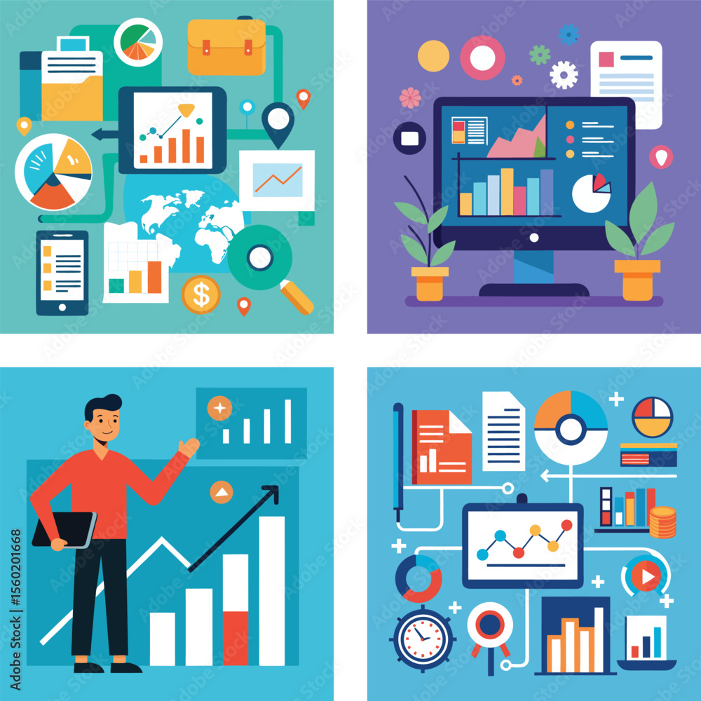 Poster vector art of a man presents business data analysis using charts and graphs, showcasing growth and s