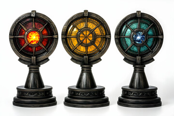 Three ornate, decorative objects on pedestals