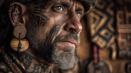Man with Tribal-Inspired Ear and Nose Piercings A rugged man with large wooden plugs in stretched earlobes, a thick bone septum piercing, 
