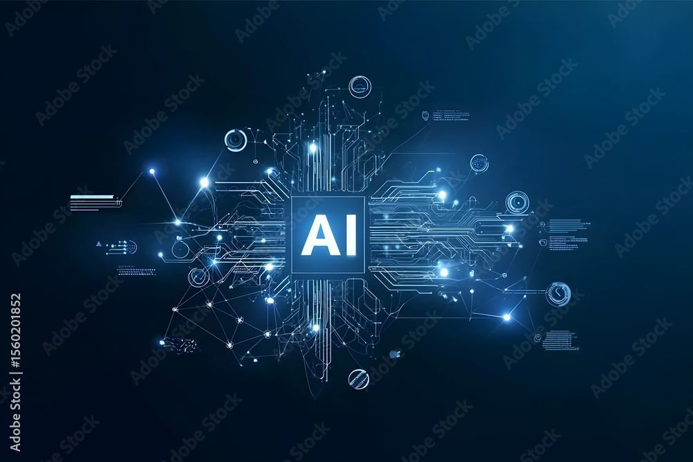 Aufkleber a hand holding an ai icon with the text ai and tech symbols in blue on a dark background, symbolizin