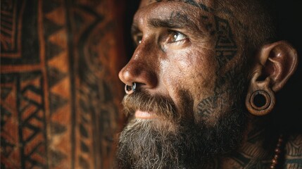 Man with Tribal-Inspired Ear and Nose Piercings A rugged man with large wooden plugs in stretched earlobes, a thick bone septum piercing, 