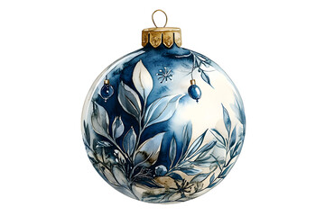 Christmas blue ball, ornament decoration with berries and leaves design. Festive watercolor illustration composition isolated on transparent background. PNG, cutout.