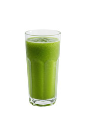 Glass filled with bright green blended drink; textured appearance, smooth consistency inside clear vessel