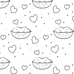 Seamless pattern with black hearts and lips in black on white background for holidays, valentine's day, wallpapers, wrapping, marketing, packaging