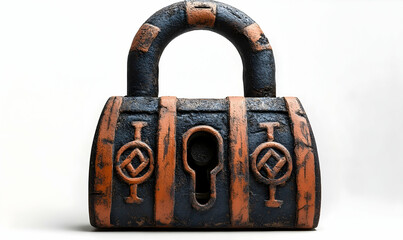 Aged padlock, brown & black, with an intricate keyhole, sits against a white backdrop