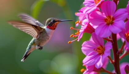 Fototapeta premium A Ruby-Throated Hummingbird, gracefully hovering near a cluster of vibrant pink flowers, showcasing the delicate beauty of nature