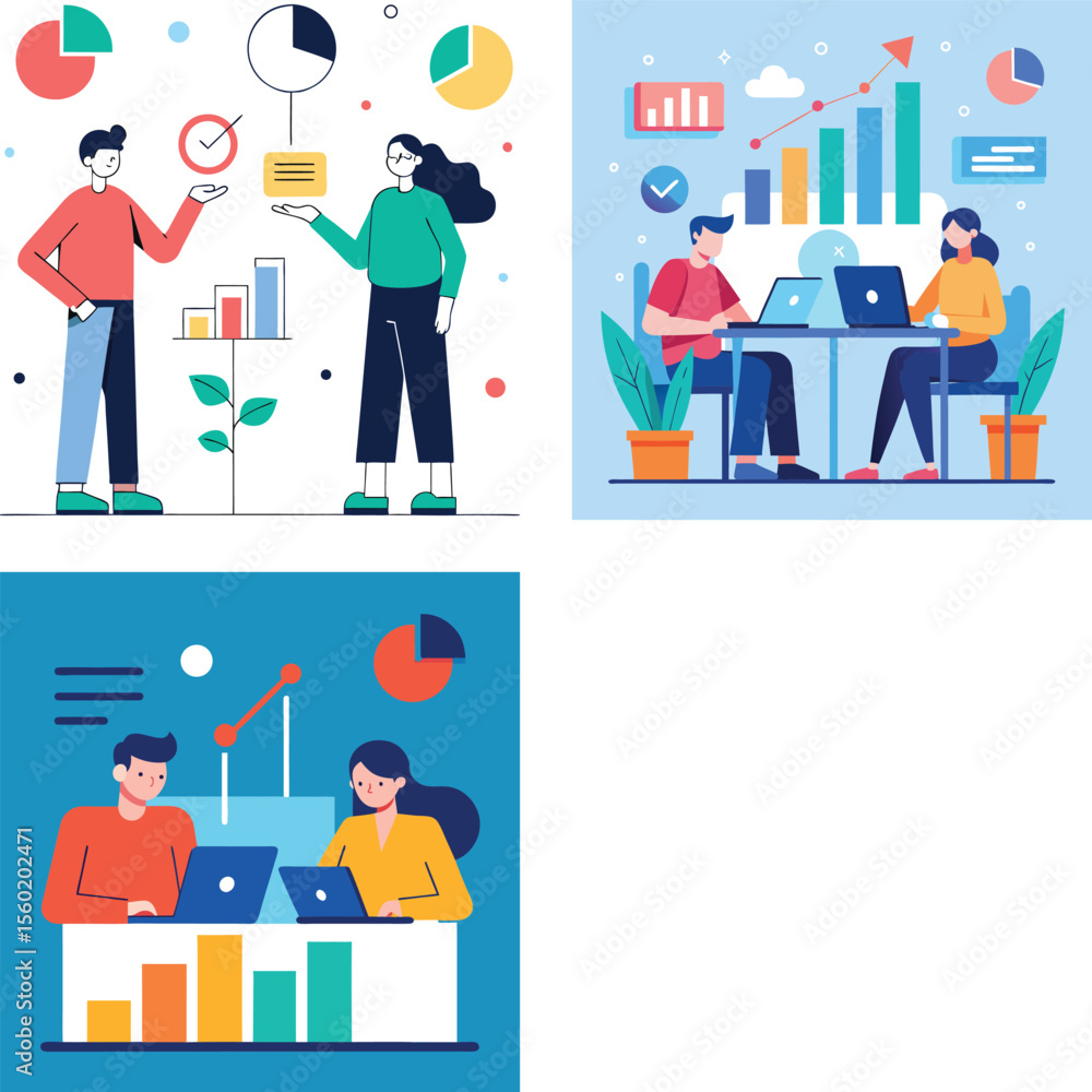 Poster vector art of illustrations of business teams collaborating on data analysis, using laptops and char
