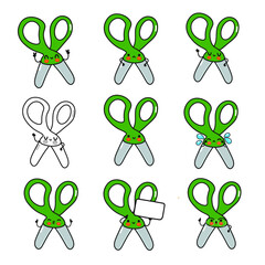 Adorable cartoon scissors with various expressions and emotions. © Yevhen