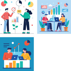 Vector art of illustrations of business teams collaborating on data analysis, using laptops and charts to strategize and achieve business growth