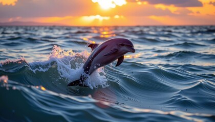 Obraz premium A playful dolphin leaping out of the ocean at sunset, captured in a stunning moment of joy