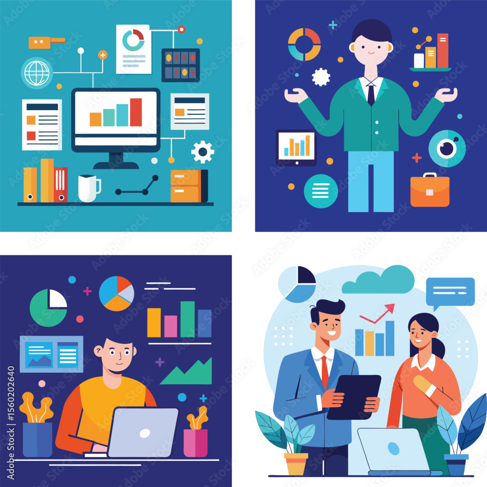 Poster vector art of a diverse team collaborates on a project during a vibrant and productive meeting in a 