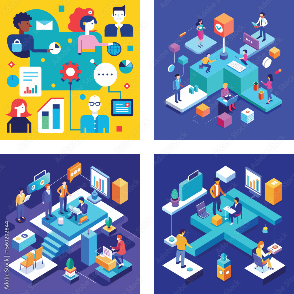 Poster vector art of isometric illustrations showcase a business team collaborating on a project, emphasizi