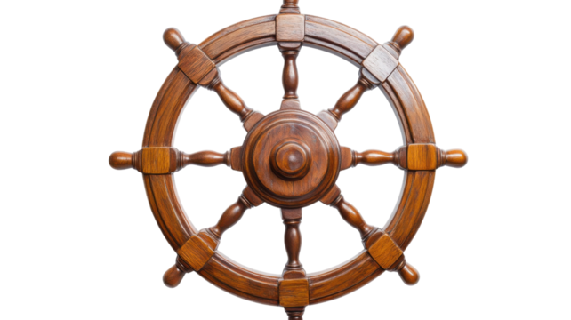 Wooden ship steering wheel 3D nautical decor render on white background - Powered by Adobe
