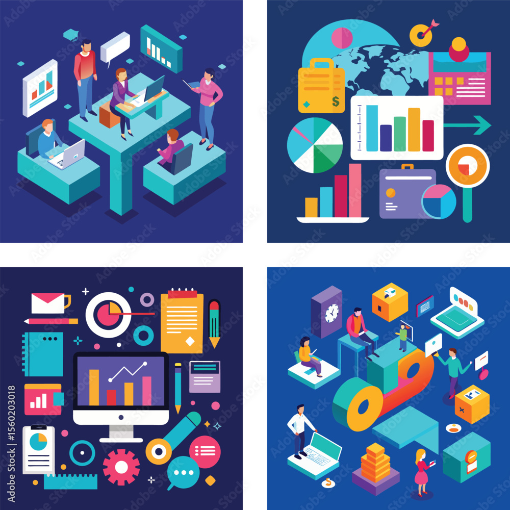Poster vector art of isometric illustrations depict a business team working together on a project, using te