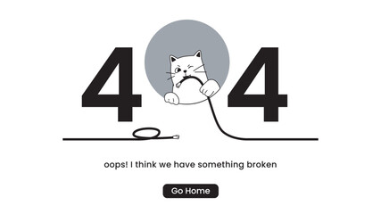 Error 404 background template.  banner Page not found. Cable bitten by cat