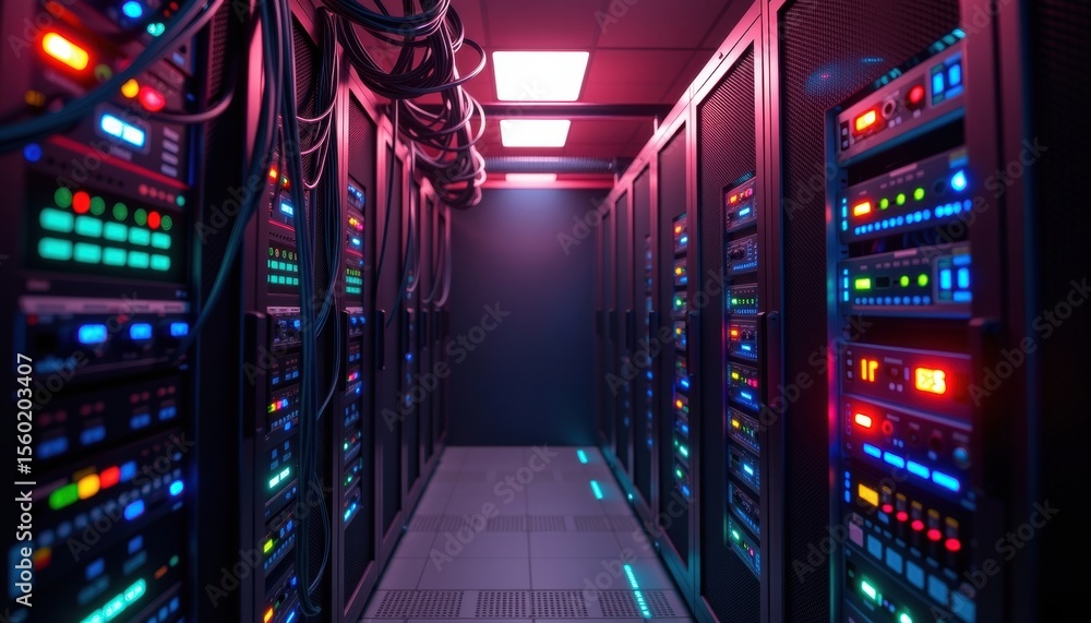 Poster inside a modern data center with servers illuminated in neon lights, showing data processing and sto