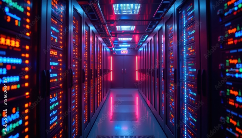 Poster a futuristic server room bathed in neon light. the servers are aligned in rows, creating a sense of 