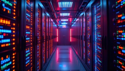 A futuristic server room bathed in neon light. The servers are aligned in rows, creating a sense of depth and technological advancement
