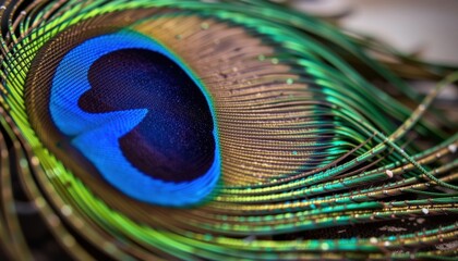 Fototapeta premium A captivating close-up of a vibrant peacock feather, with its intricate details and rich colors displayed