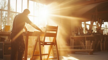 Carpenter crafting wooden chair in sunlit workshop during late afternoon