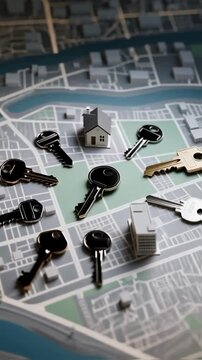 House keys and miniature home models are scattered across a city map, symbolizing the real estate market, the process of finding a home, property investment, and urban development