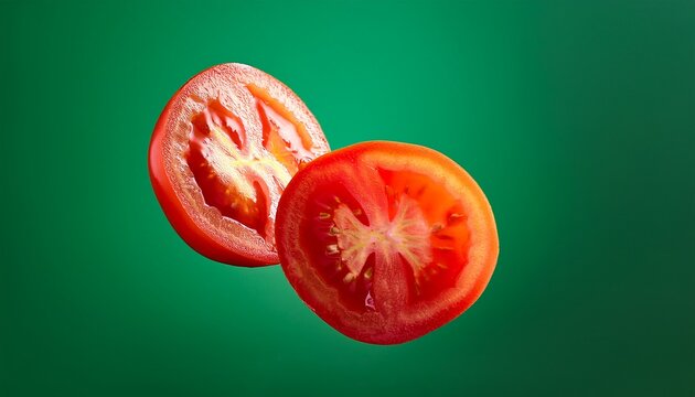 tomate cortado a la mitad aislado en fondo verde tomate maduro fresco en el aire flotando