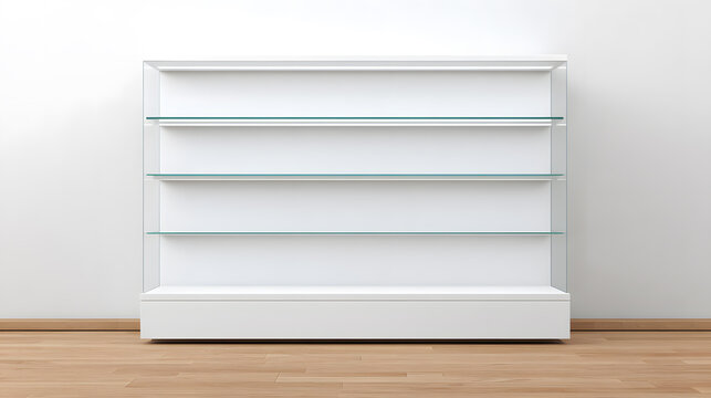 Transparent empty glass display shelves on soft background for product mockup or interior design.