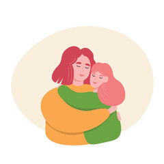 Mother and daughter hug each other. Love in the family, caring for your child. Vector flat graphics