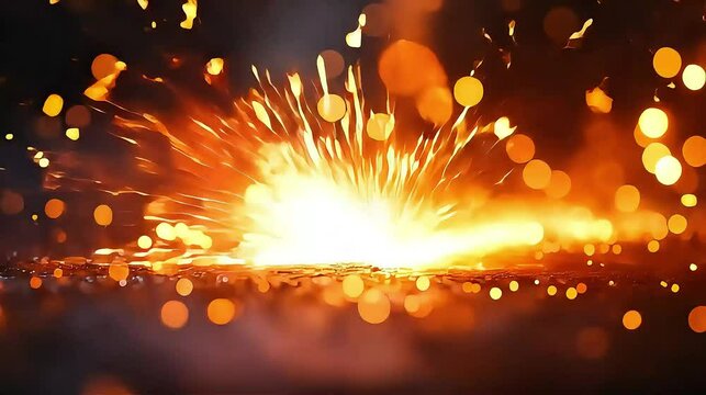 Sparks and exploding fire flames in dark background