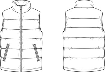 Front and back view cad drawing flat vector illustration of padded puffer vest with zipper closure and side pocket details
