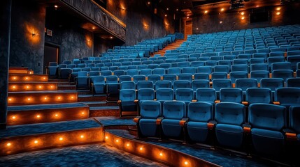 Empty theater auditorium with blue seats and warm lighting