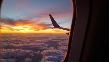 A breathtaking view of the sunset through an airplane window, showcasing a stunning array of colors across the clouds and sky 