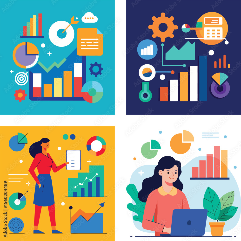 Poster vector art of two vector illustrations feature women working with data analytics and reports, surrou