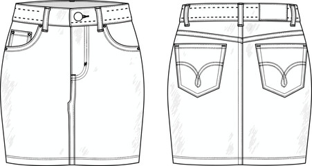 Front and back view of denim mini skirt technical flat, fashion cad vector illustration with pockets, stitching, waistband, and belt