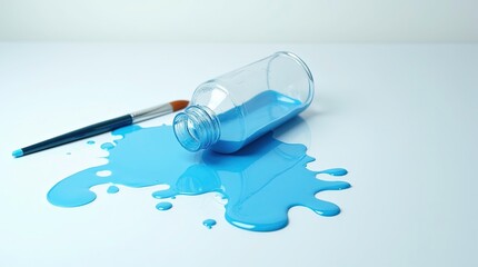 A paintbrush and a glass jar of blue paint are shown, with blue watercolor spilled nearby, 3d render