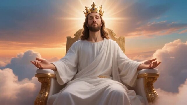 Jesus Christ wearing a crown sits peacefully on a throne among the clouds in heavenly light, representing divine majesty, spiritual power, and the christian concept of the kingdom of heaven