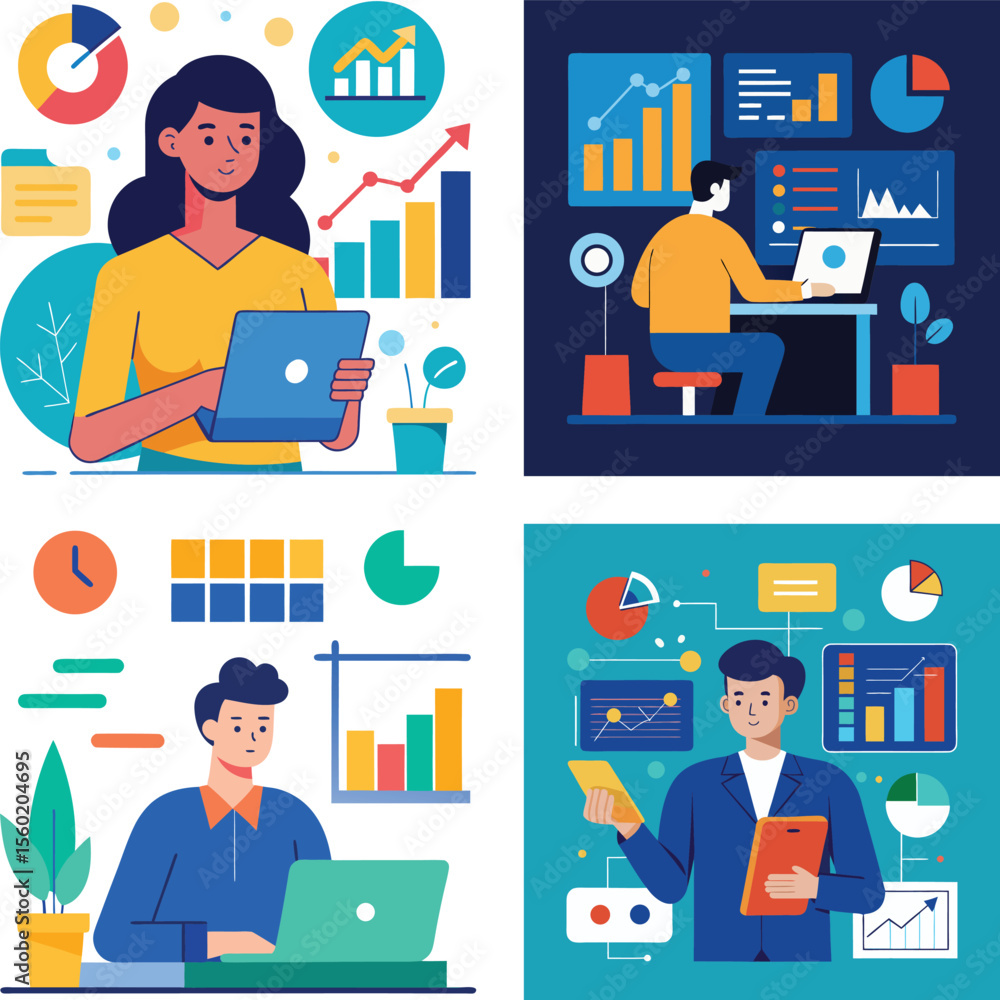 Poster vector art of four vector illustrations show diverse people working with data analytics, using lapto