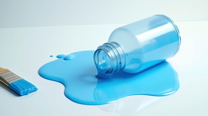 A paintbrush and a glass jar of blue paint are shown, with blue watercolor spilled nearby, 3d render