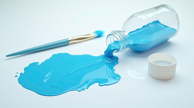 A paintbrush and a glass jar of blue paint are shown, with blue watercolor spilled nearby, 3d render - Powered by Adobe