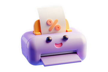 Cute 3d cartoon printer character printing a paper with percentage symbol