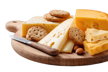 Assorted cheeses and crackers on a wooden board with a knife