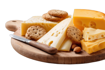 Assorted cheeses and crackers on a wooden board with a knife