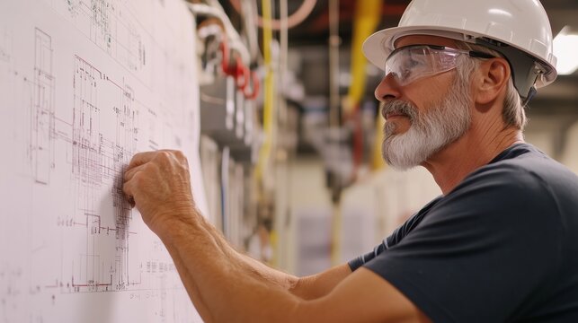 Experienced engineer reviewing blueprints in industrial workshop during daytime work hours