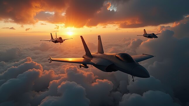 Three fighter jets fly in formation through a cloudy sky with the sun shining brightly. - Powered by Adobe