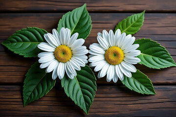 Delicate Daisies on Rustic Wood A Serene Still Life of White Flowers and Green Leaves on a Wooden Surface