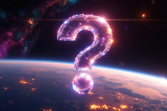 Cosmic Question Mark A Glowing Symbol Suspended Above Earth with Nebulae and Stars in the Background